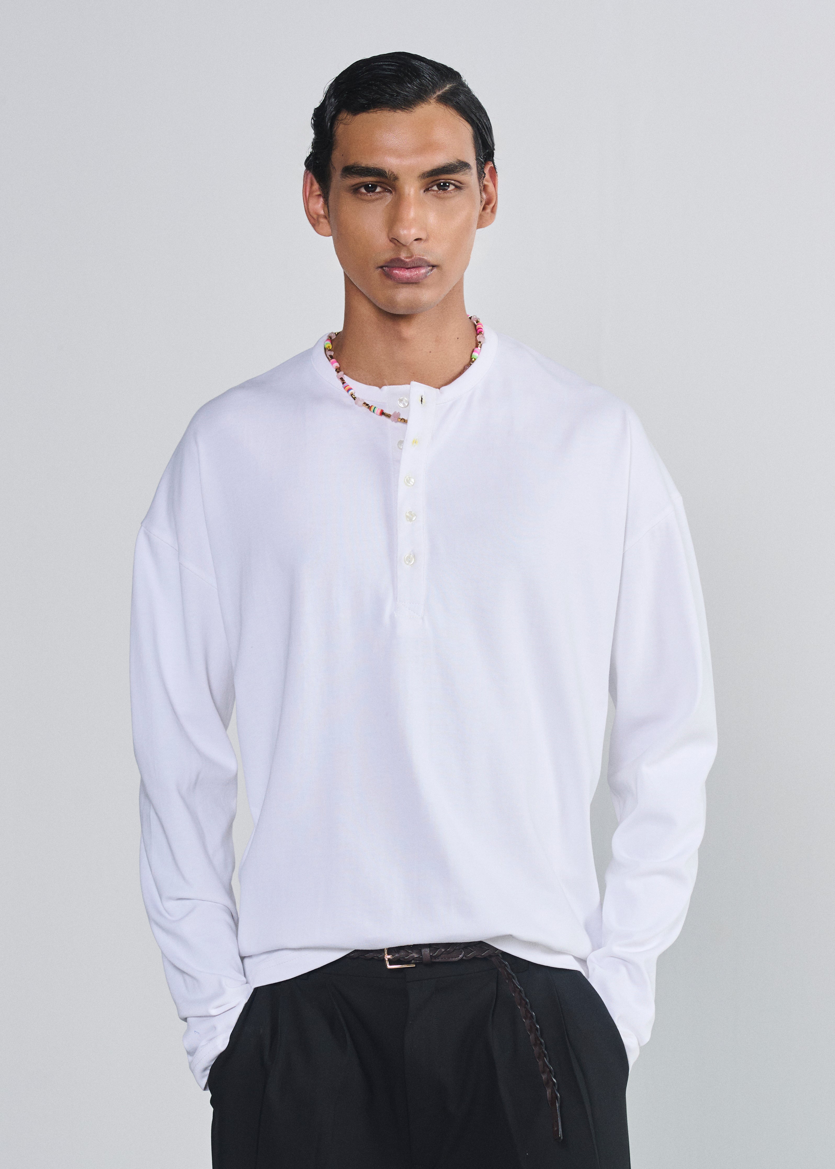 Relaxed Fit Henley - White